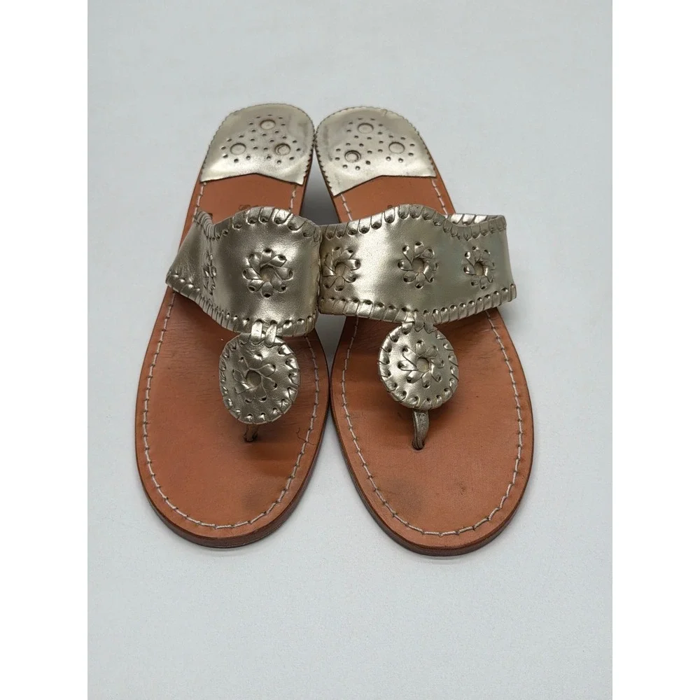 Jack Rogers Hamptons Mid Wedge Gold Leather Thong Sandals Womens 8.5 Metallic